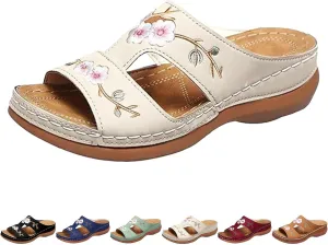 2024 New Hollow Floral Embroidery Women Wedge Sandals with Arch Support Comfortable Orthopedic Sandal Size Plus Size Slippers