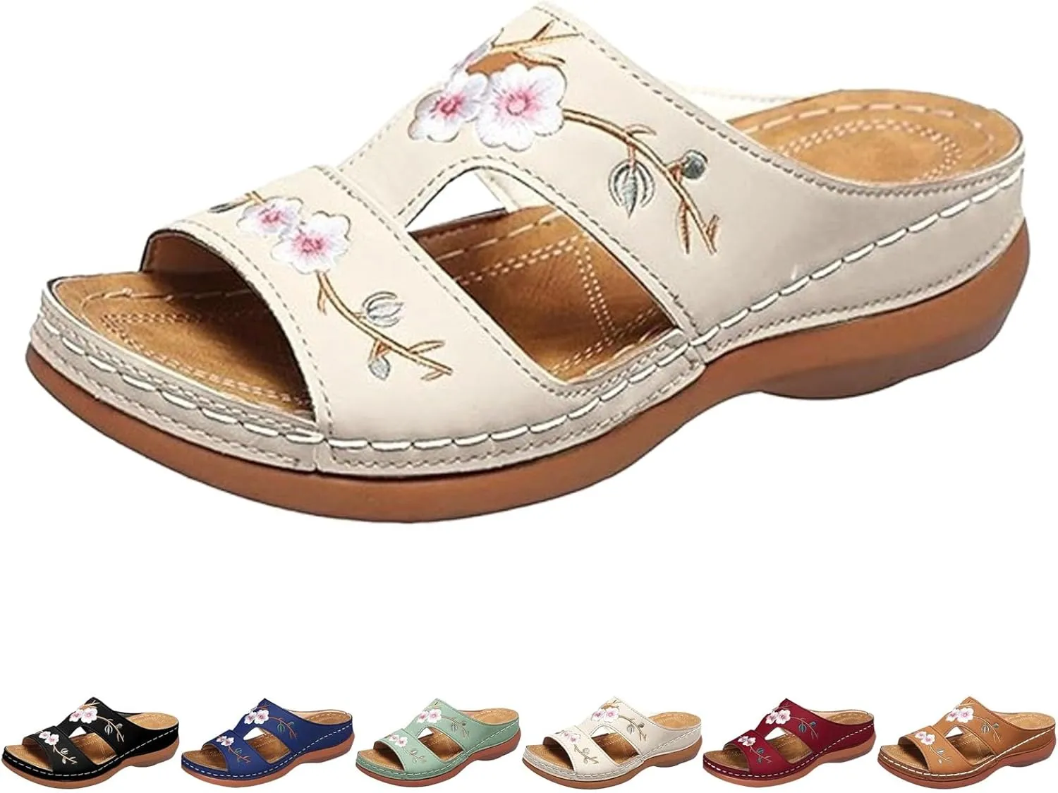 2024 New Hollow Floral Embroidery Women Wedge Sandals with Arch Support Comfortable Orthopedic Sandal Size Plus Size Slippers