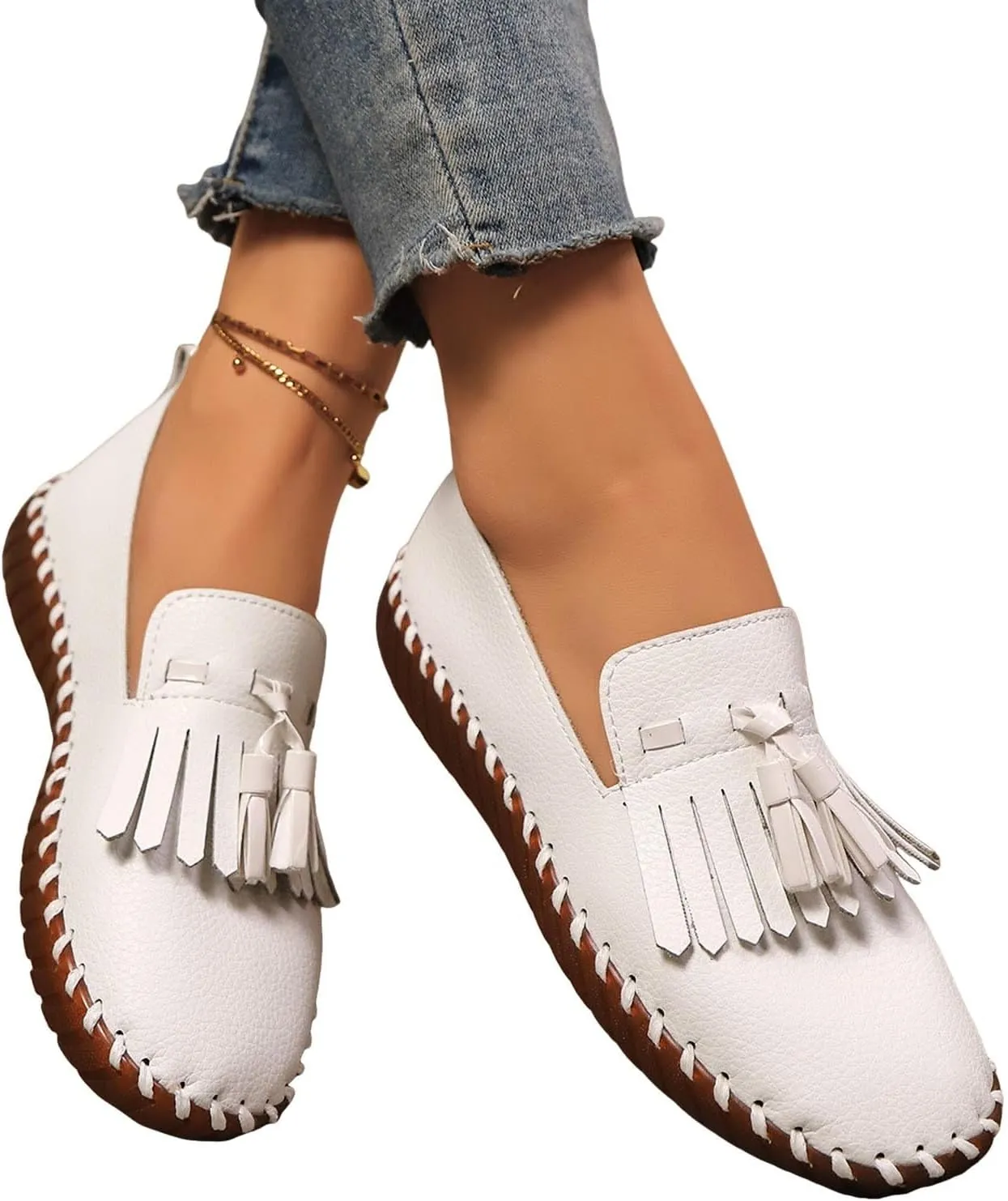 2025 Women's Loafers Orthopedic Casual Tassel Breathable Orthopedic Flat Sneakers Comfortable Low-Top Non Slip Lightweight Memory Foam Boat Round Toe Ladies Casual Shoes for Gym Travel Daily Wear