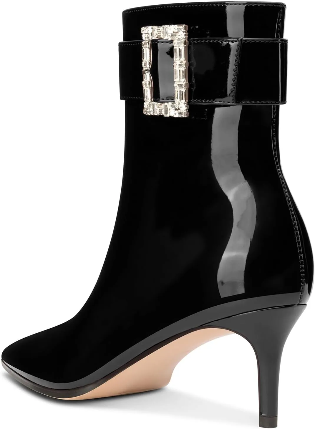 Aachcol Womens Kitten Heel Ankle Boots Pointed Toe Buckle Rhinestone Crystal Mid Calf Zipper 2.6 Inches Heels Patent Leather Dress Short Booties