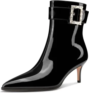 Aachcol Womens Kitten Heel Ankle Boots Pointed Toe Buckle Rhinestone Crystal Mid Calf Zipper 2.6 Inches Heels Patent Leather Dress Short Booties