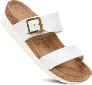 AEROTHOTIC Genuine Leather Slides for Women with Arch Support Comfortable Adjustable Buckle Double Straps with Memory Foam Footbed Slip On Cork Sandals