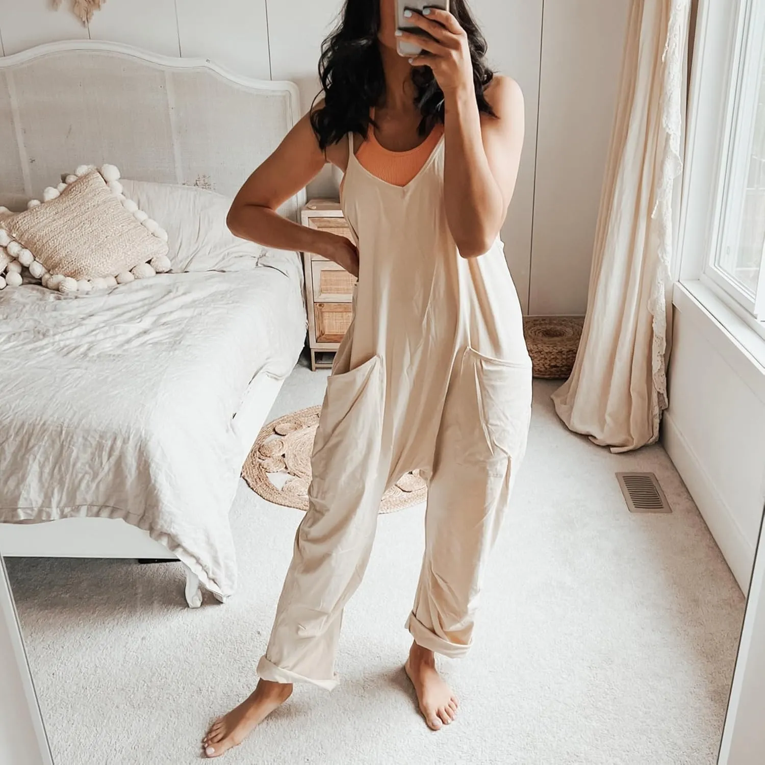 Ainangua One Piece Jumpsuits for Women Casual V Neck Sleeveless Spaghetti Strap Overalls Long Pants Romper with Pockets
