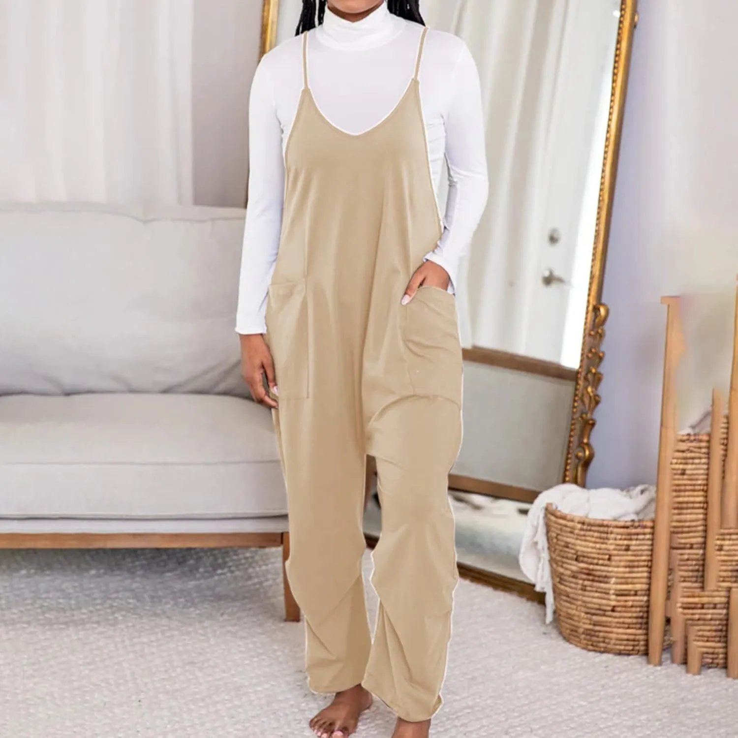 Ainangua One Piece Jumpsuits for Women Casual V Neck Sleeveless Spaghetti Strap Overalls Long Pants Romper with Pockets
