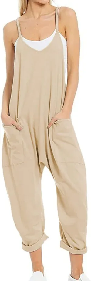 Ainangua One Piece Jumpsuits for Women Casual V Neck Sleeveless Spaghetti Strap Overalls Long Pants Romper with Pockets