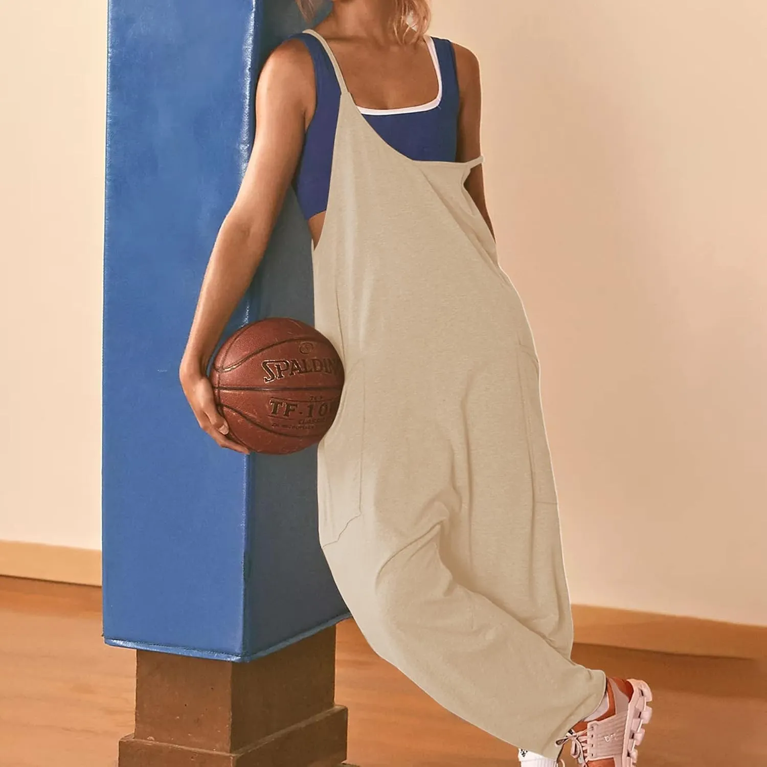 Ainangua One Piece Jumpsuits for Women Casual V Neck Sleeveless Spaghetti Strap Overalls Long Pants Romper with Pockets