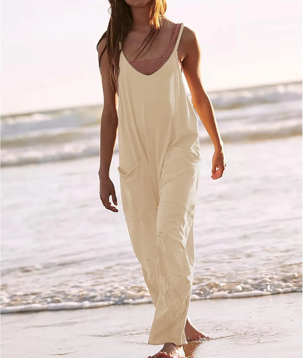 Ainangua One Piece Jumpsuits for Women Casual V Neck Sleeveless Spaghetti Strap Overalls Long Pants Romper with Pockets