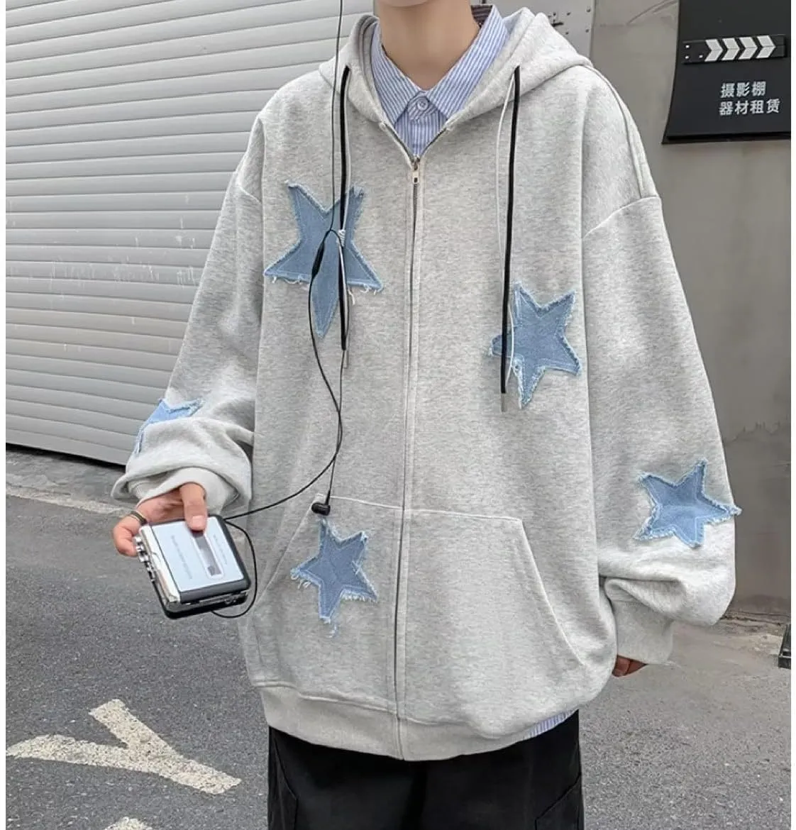 Amiblvowa Y2K Zip Up Hoodie Men Women Star Letter Graphic Hoodies Vintage Aesthetic Hooded Sweatshirt Harajuku Jacket
