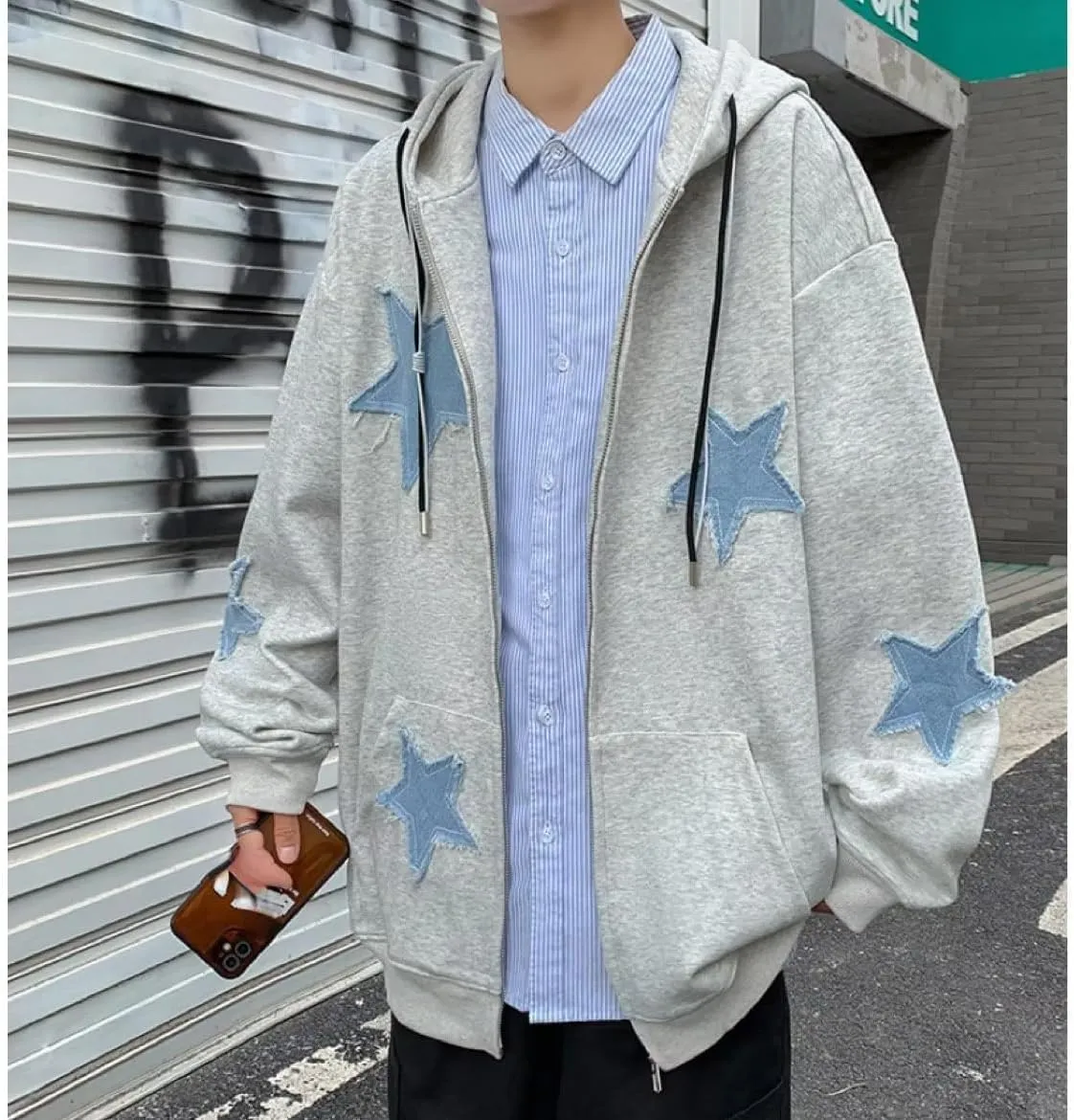 Amiblvowa Y2K Zip Up Hoodie Men Women Star Letter Graphic Hoodies Vintage Aesthetic Hooded Sweatshirt Harajuku Jacket