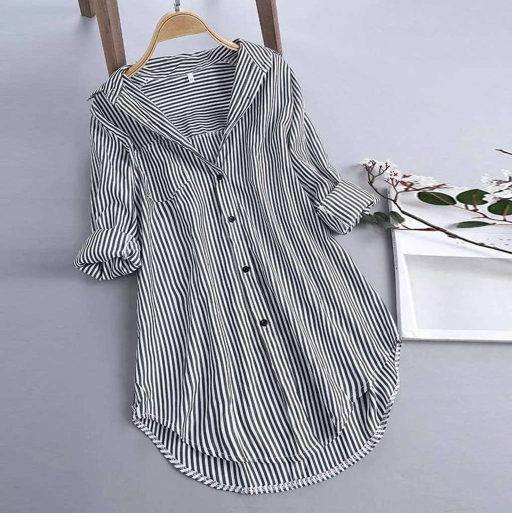 Aniywn Women's Stripe Long Sleeve T-Shirt Casual Loose Button Down Rolled Sleeve Plus Size Comfy Tunic Blouses