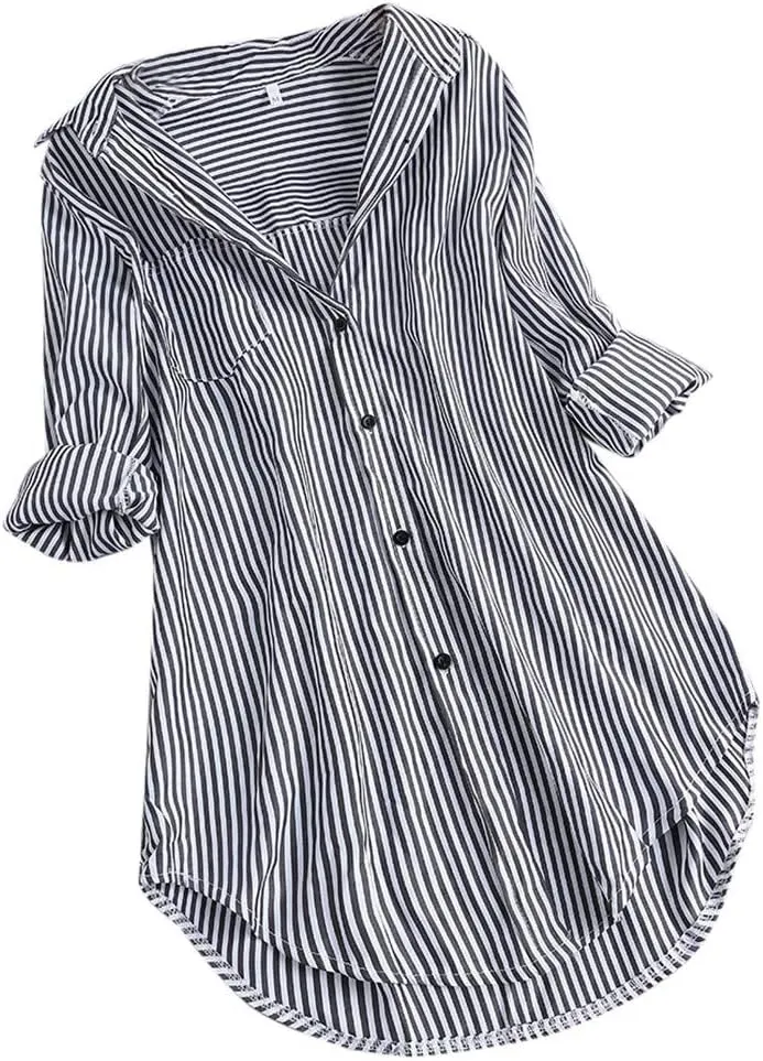 Aniywn Women's Stripe Long Sleeve T-Shirt Casual Loose Button Down Rolled Sleeve Plus Size Comfy Tunic Blouses