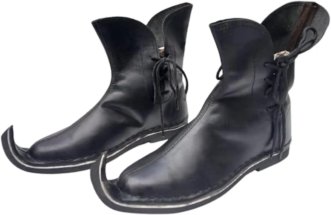 AnNafi® Medieval Pointed Boots Pure Leather For Unisex | Renaissance Lace-Up Roman Black Boots | Western Men Leather Loafer Shoes Viking SCA LARP Cosplay | Pirate Viking Shoe