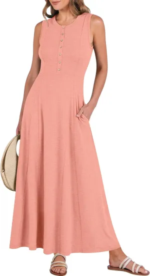 ANRABESS Women Summer Casual Sleeveless Maxi Sundress Button Fit & Flare A-Line Flowy Long Dresses 2025 Beach Outfits