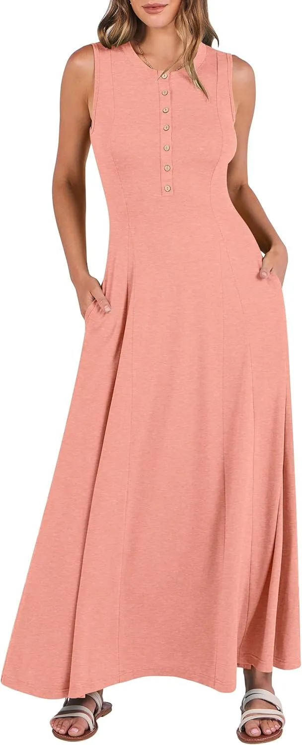 ANRABESS Women Summer Casual Sleeveless Maxi Sundress Button Fit & Flare A-Line Flowy Long Dresses 2025 Beach Outfits