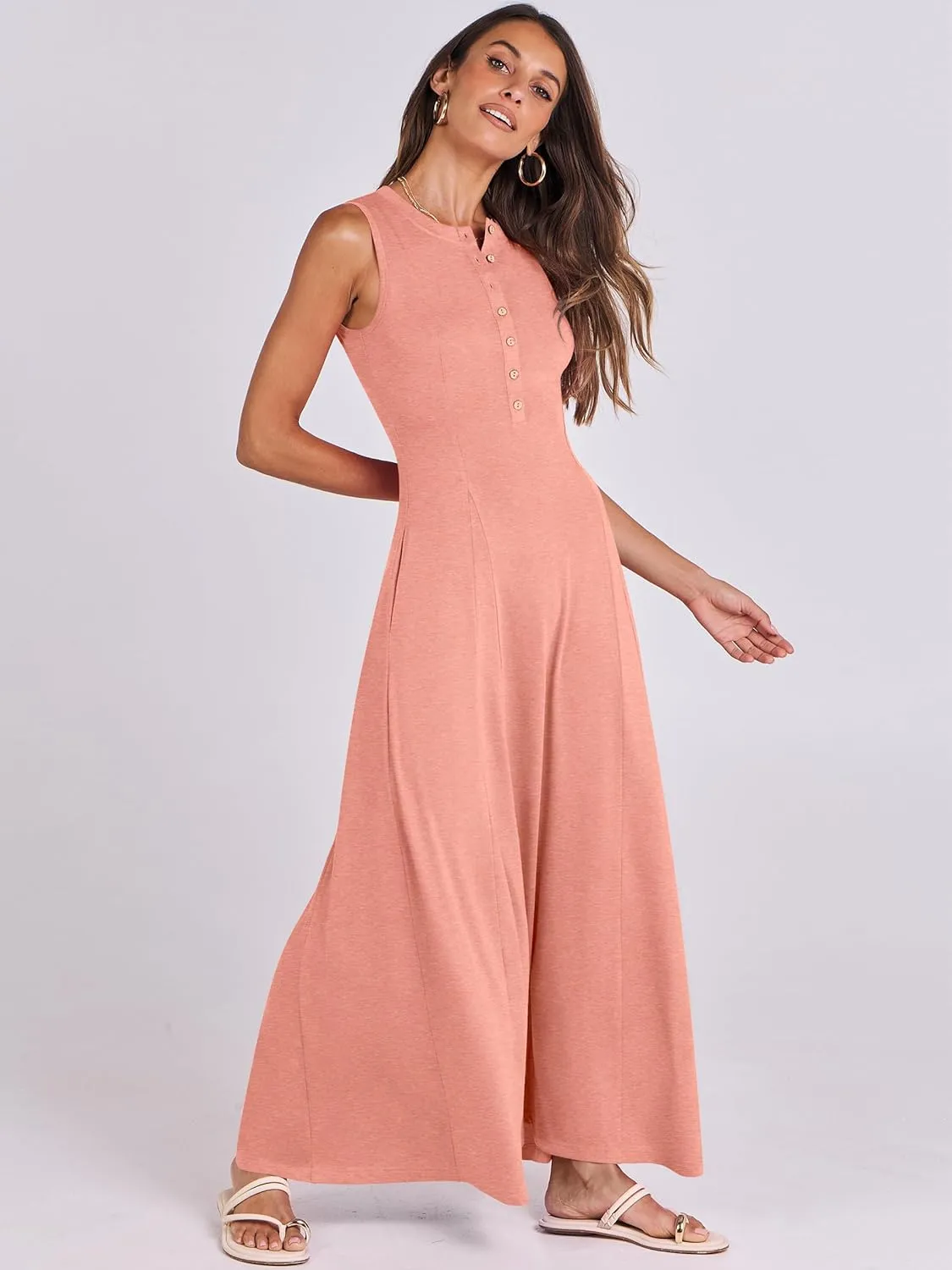 ANRABESS Women Summer Casual Sleeveless Maxi Sundress Button Fit & Flare A-Line Flowy Long Dresses 2025 Beach Outfits