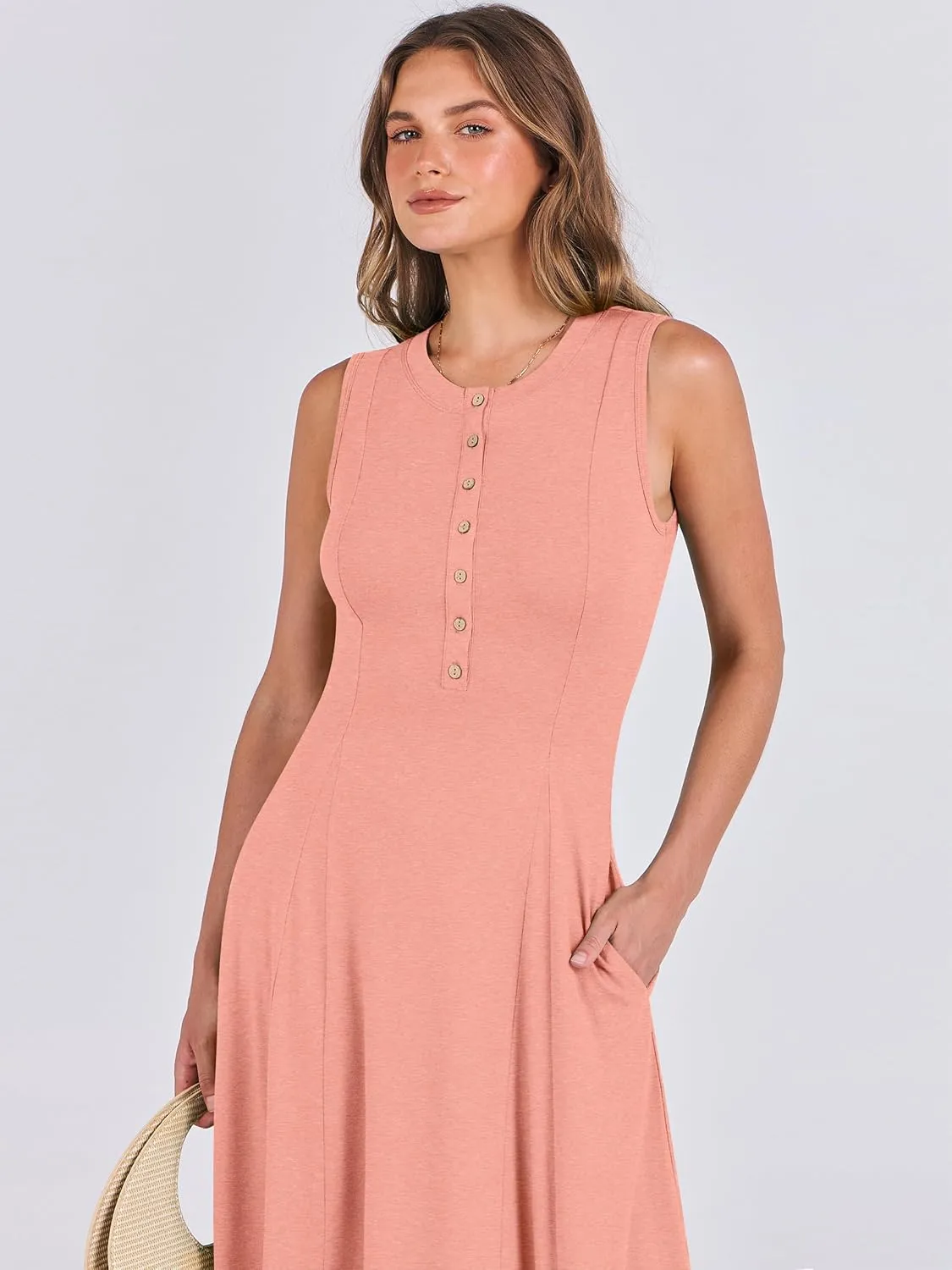 ANRABESS Women Summer Casual Sleeveless Maxi Sundress Button Fit & Flare A-Line Flowy Long Dresses 2025 Beach Outfits