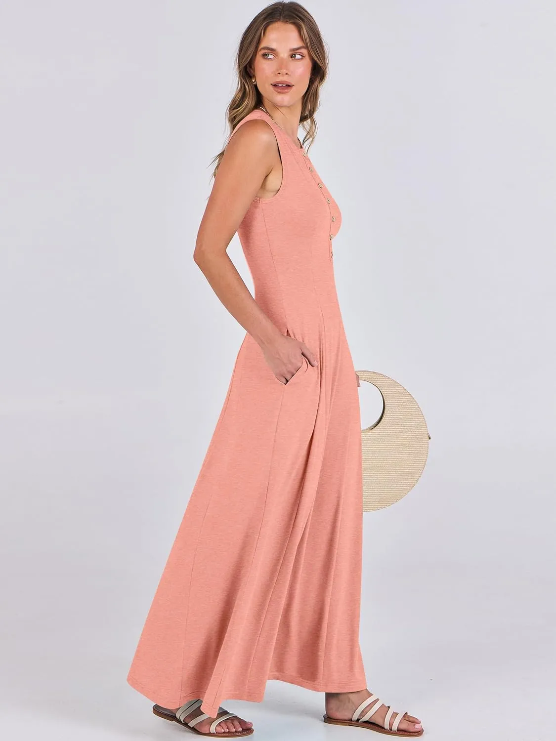ANRABESS Women Summer Casual Sleeveless Maxi Sundress Button Fit & Flare A-Line Flowy Long Dresses 2025 Beach Outfits