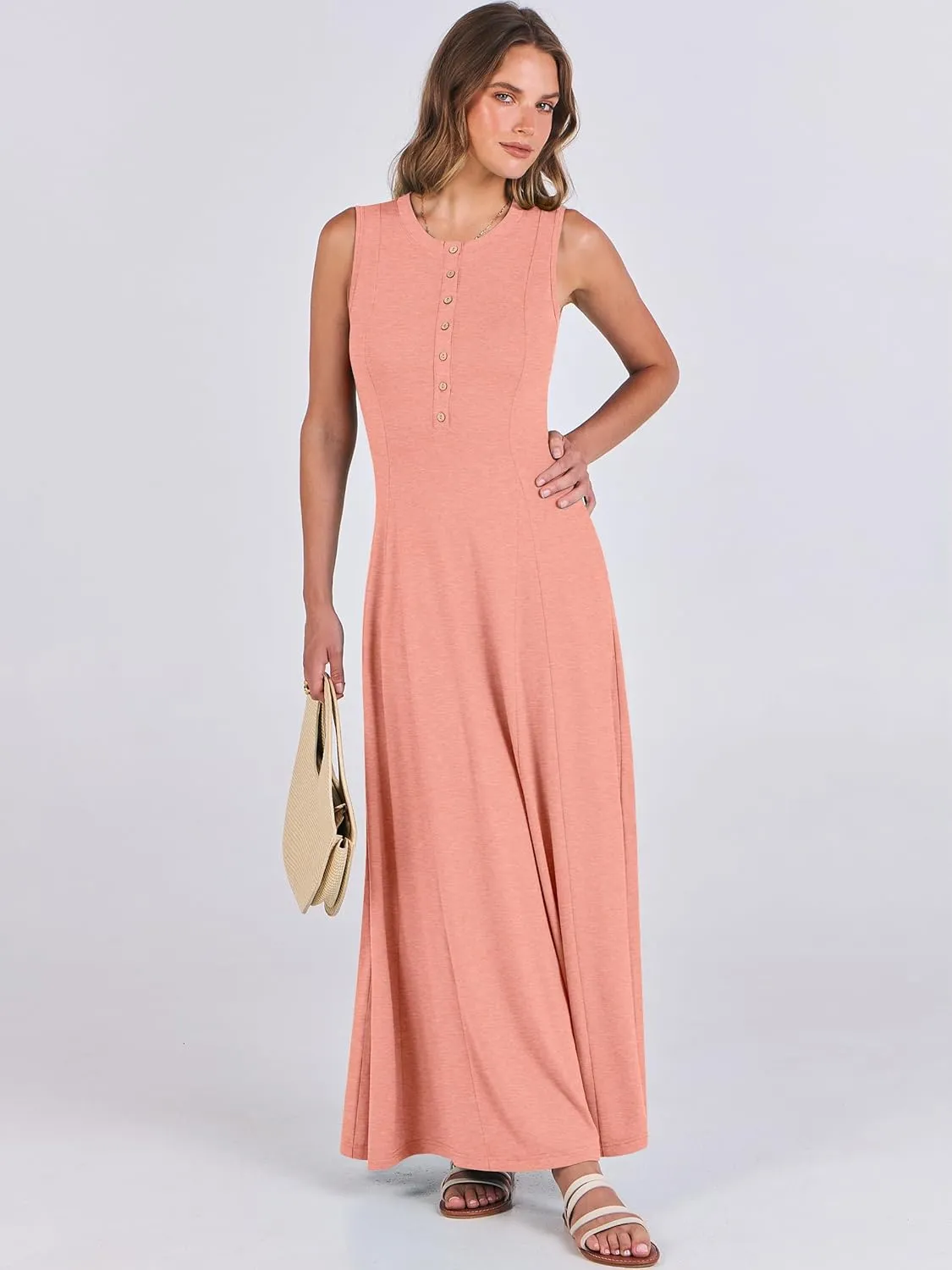 ANRABESS Women Summer Casual Sleeveless Maxi Sundress Button Fit & Flare A-Line Flowy Long Dresses 2025 Beach Outfits