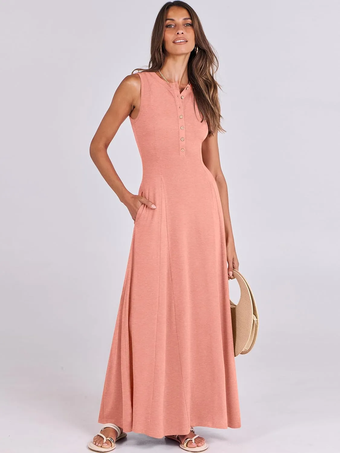 ANRABESS Women Summer Casual Sleeveless Maxi Sundress Button Fit & Flare A-Line Flowy Long Dresses 2025 Beach Outfits