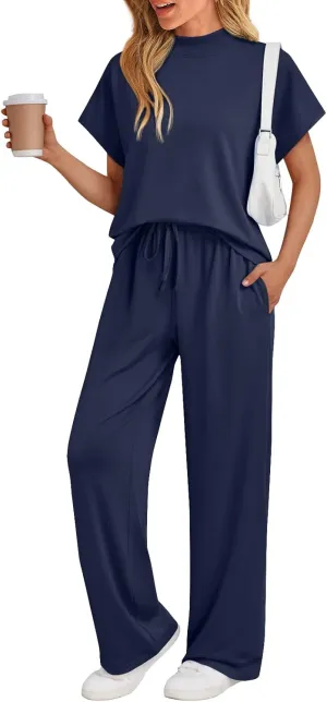 AUTOMET Women's Mock Neck 2 Piece Lounge Set Matching Summer Loose Fit Wide Leg Pants Set