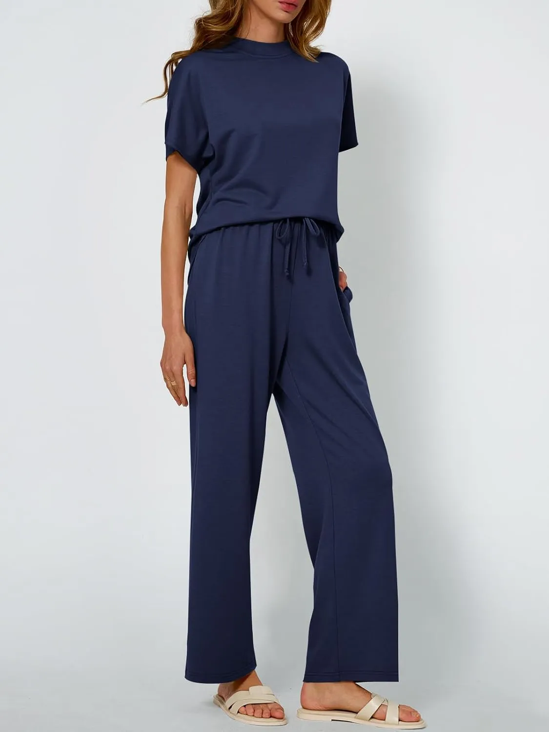 AUTOMET Women's Mock Neck 2 Piece Lounge Set Matching Summer Loose Fit Wide Leg Pants Set