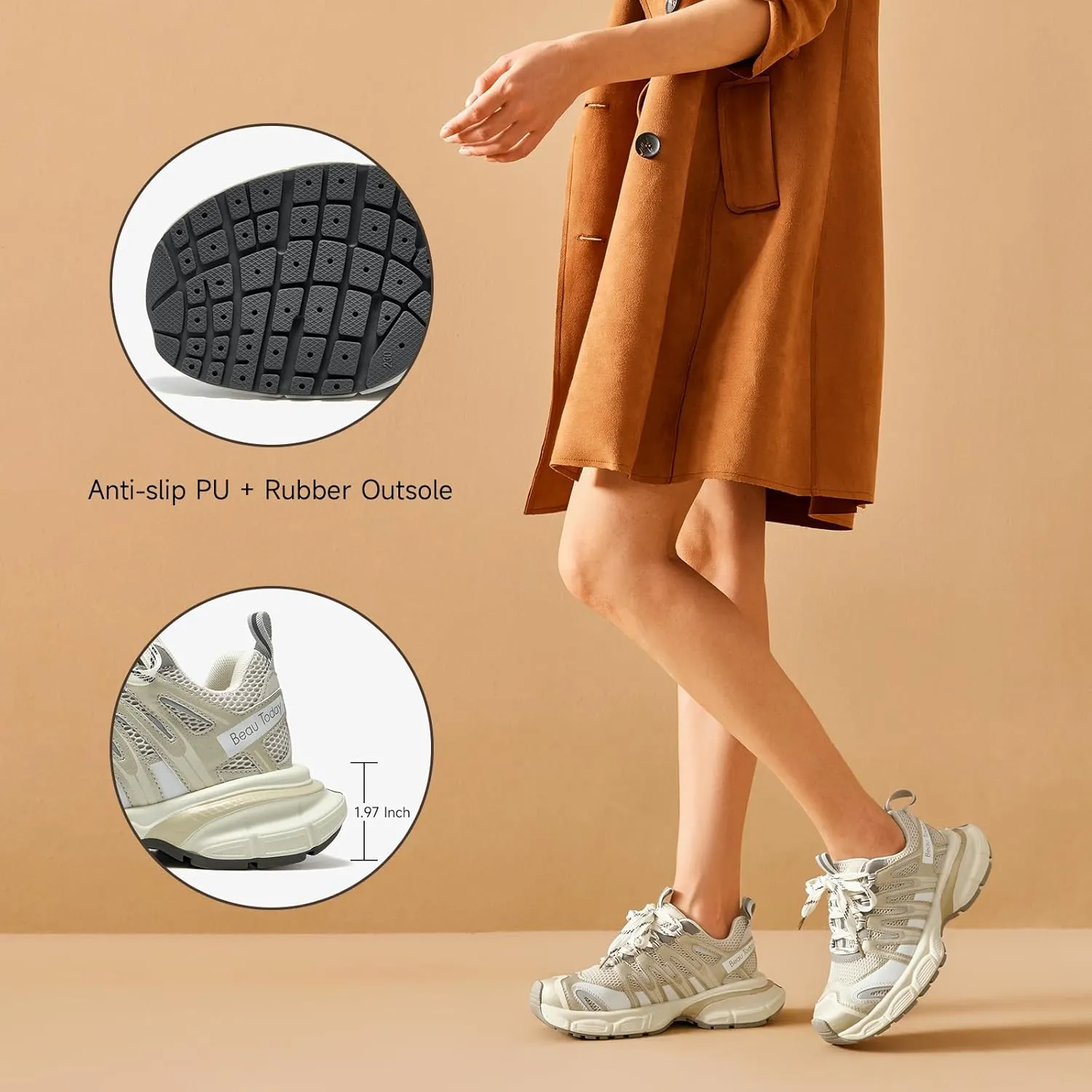 BEAU TODAY Women's Walking Shoes, Chunky Platform Fashion Sneakers for Women, Comfortable Casual Lightweight Lace-up Gym Workout Athletic Tennis Shoes