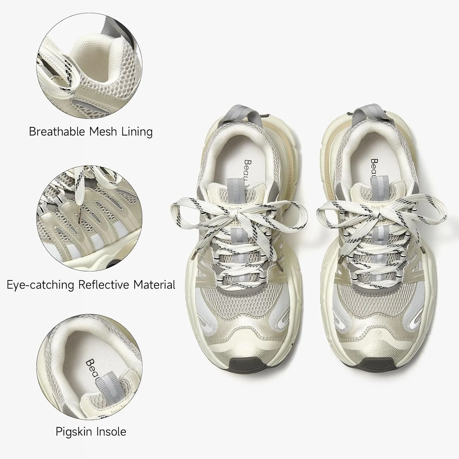 BEAU TODAY Women's Walking Shoes, Chunky Platform Fashion Sneakers for Women, Comfortable Casual Lightweight Lace-up Gym Workout Athletic Tennis Shoes
