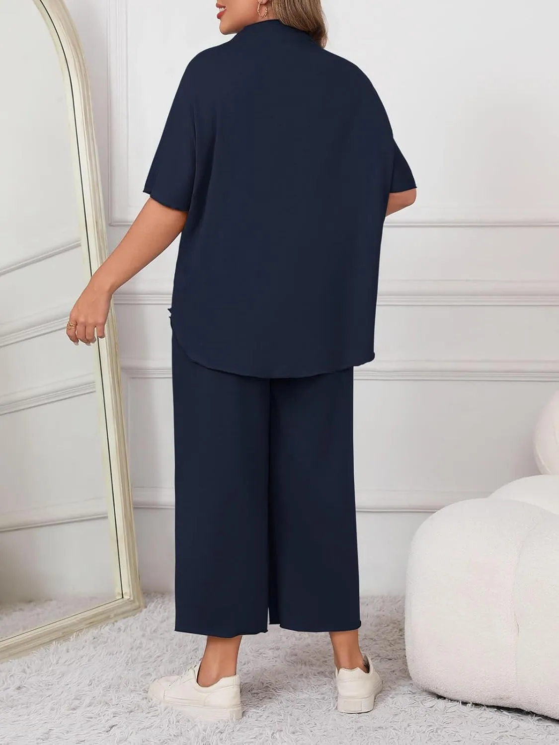 Beautife Women's Plus Size 2 Piece Outfits 3/4 Batwing Sleeve Capelet Crew Neck Pullover Top Wide Leg Pants Lounge Set