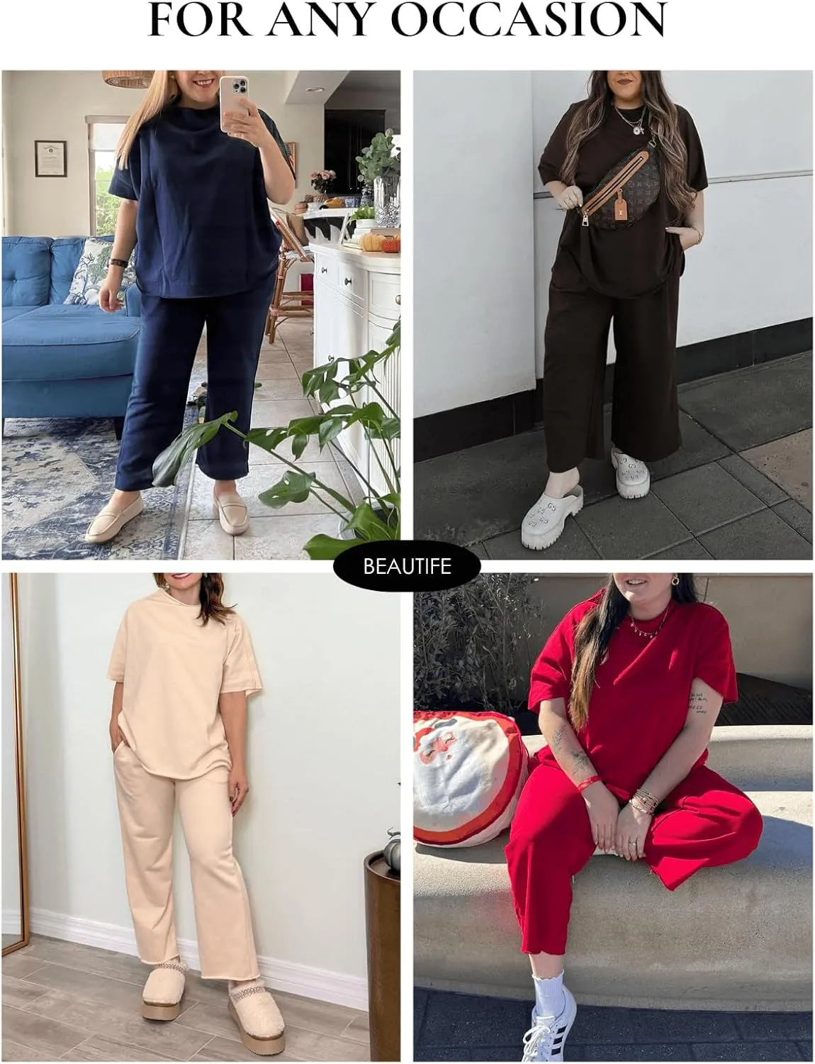 Beautife Women's Plus Size 2 Piece Outfits 3/4 Batwing Sleeve Capelet Crew Neck Pullover Top Wide Leg Pants Lounge Set