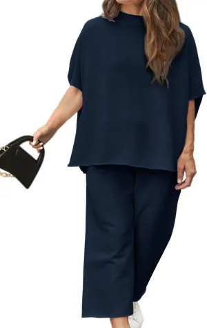 Beautife Women's Plus Size 2 Piece Outfits 3/4 Batwing Sleeve Capelet Crew Neck Pullover Top Wide Leg Pants Lounge Set