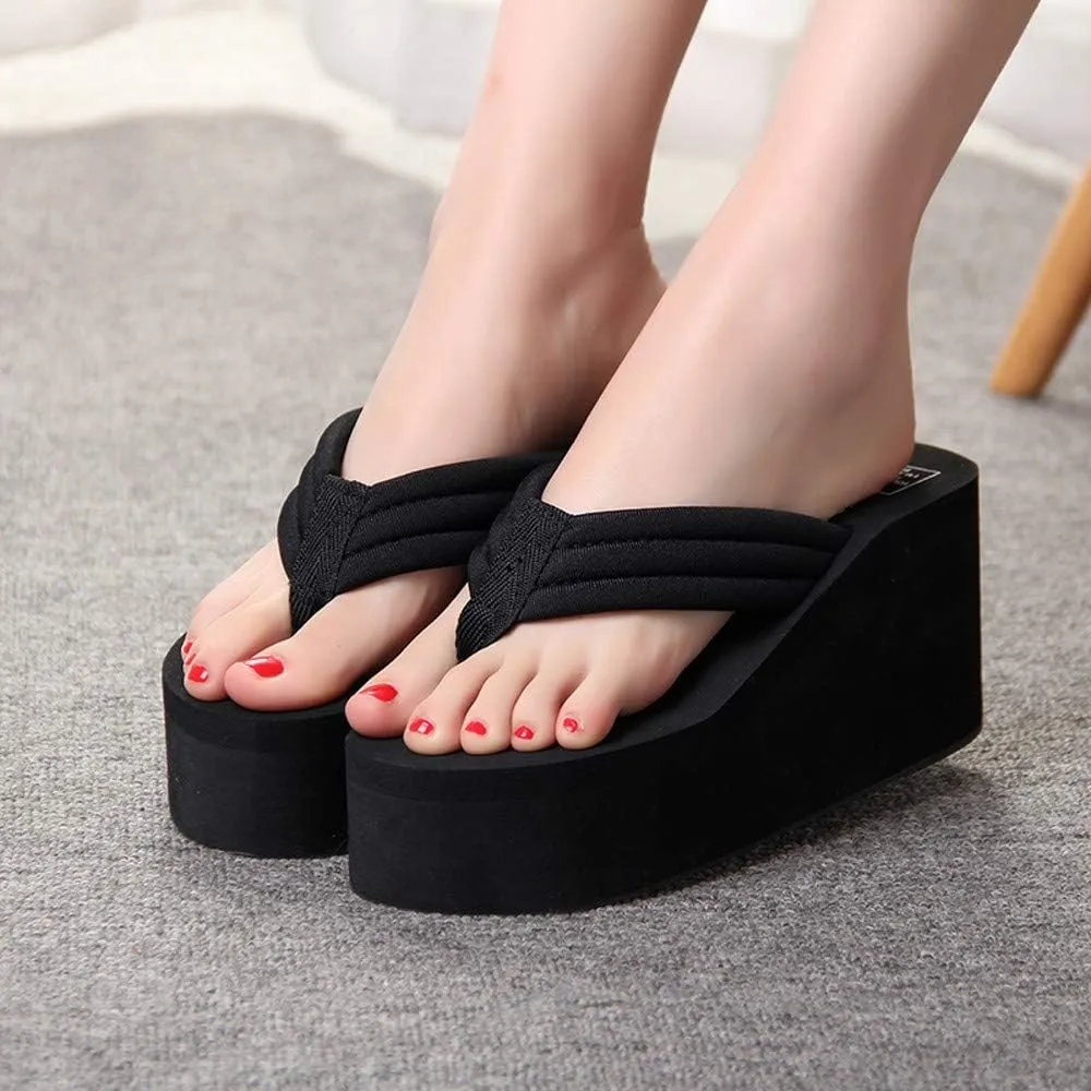 Black Wedge Sandals for Women Wide Width Platform Flip Flops with Arch Support Casual Summer Beach Slides