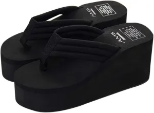 Black Wedge Sandals for Women Wide Width Platform Flip Flops with Arch Support Casual Summer Beach Slides