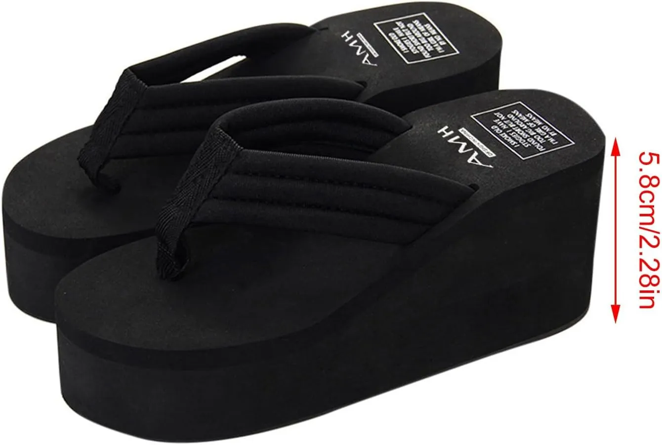 Black Wedge Sandals for Women Wide Width Platform Flip Flops with Arch Support Casual Summer Beach Slides
