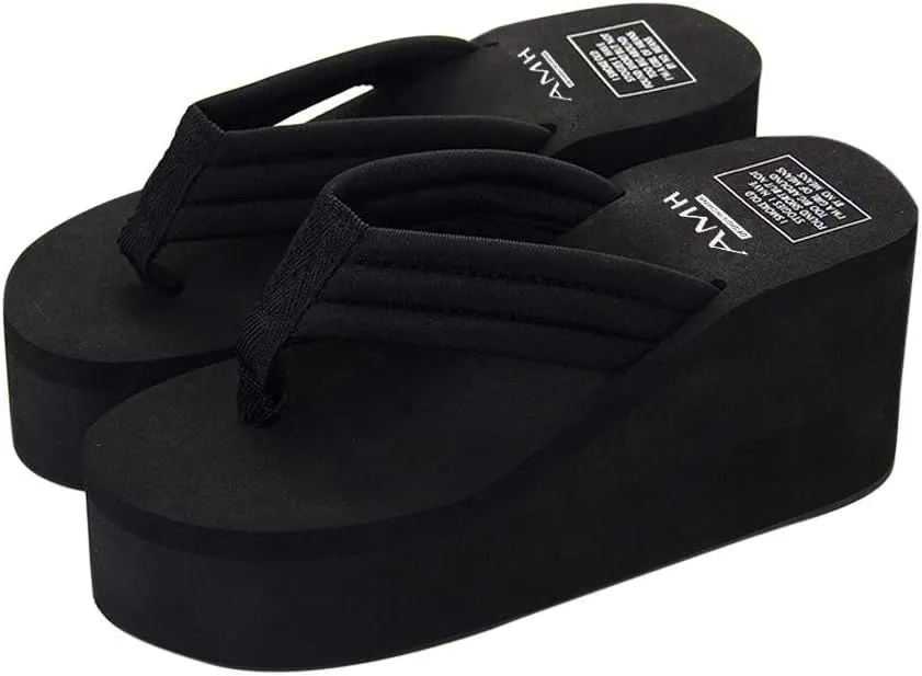 Black Wedge Sandals for Women Wide Width Platform Flip Flops with Arch Support Casual Summer Beach Slides
