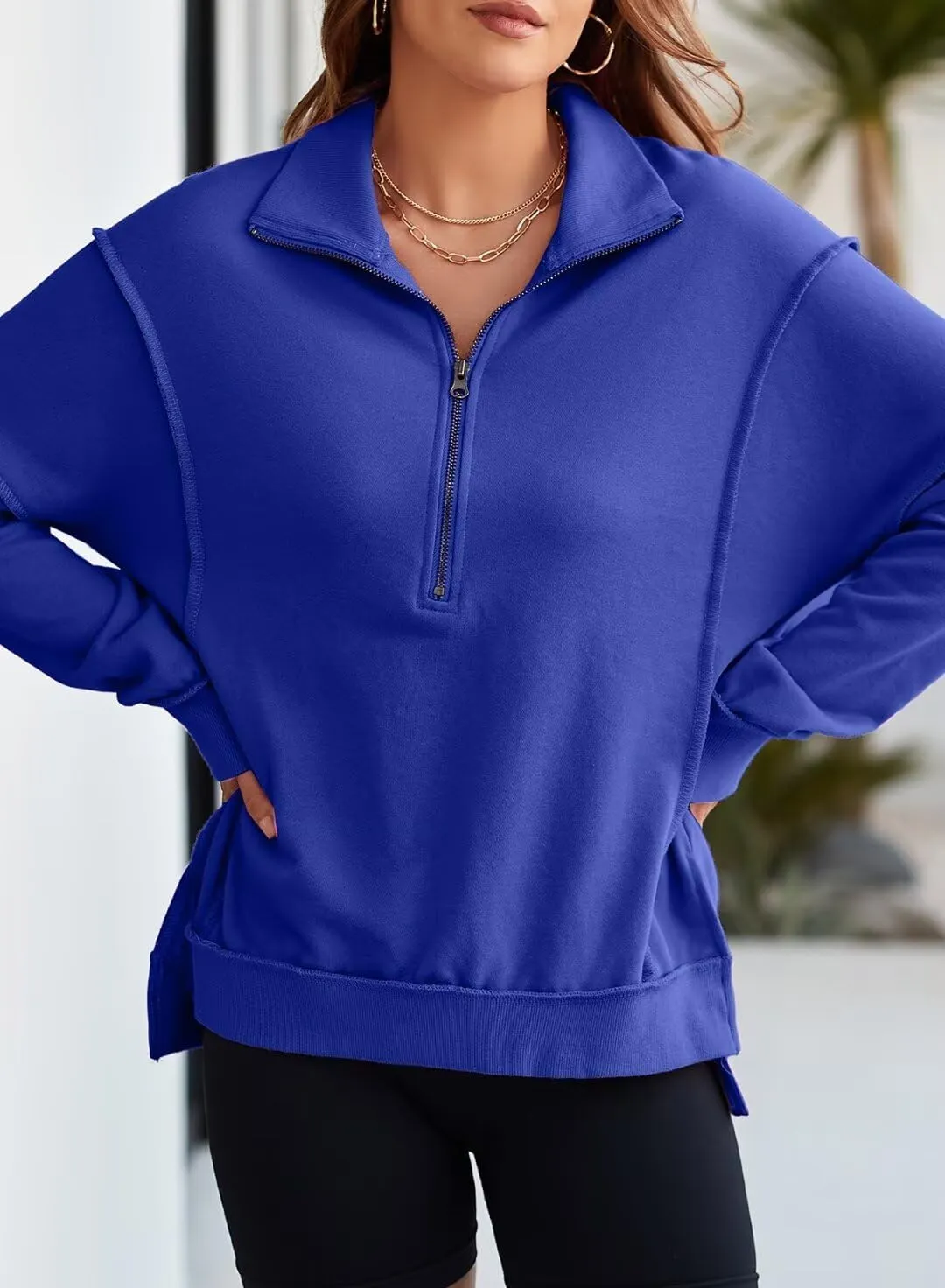 BLENCOT Womens Oversized Sweatshirt Half Zip Fleece Pullover Long Sleeve Fall Side Slit Tops