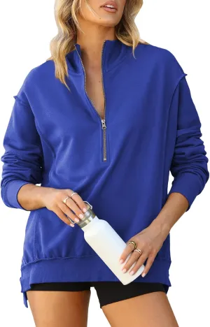 BLENCOT Womens Oversized Sweatshirt Half Zip Fleece Pullover Long Sleeve Fall Side Slit Tops