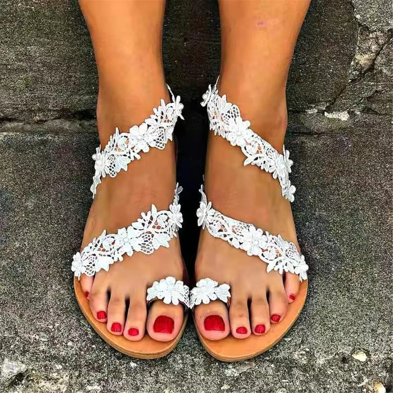 Bohemian Sandals for Women Flat Clip Toe Casual Lace Floral Beach Flip Flop Comfy Large Size Shoes Summer Elegant Toe Ring Roman Sandals
