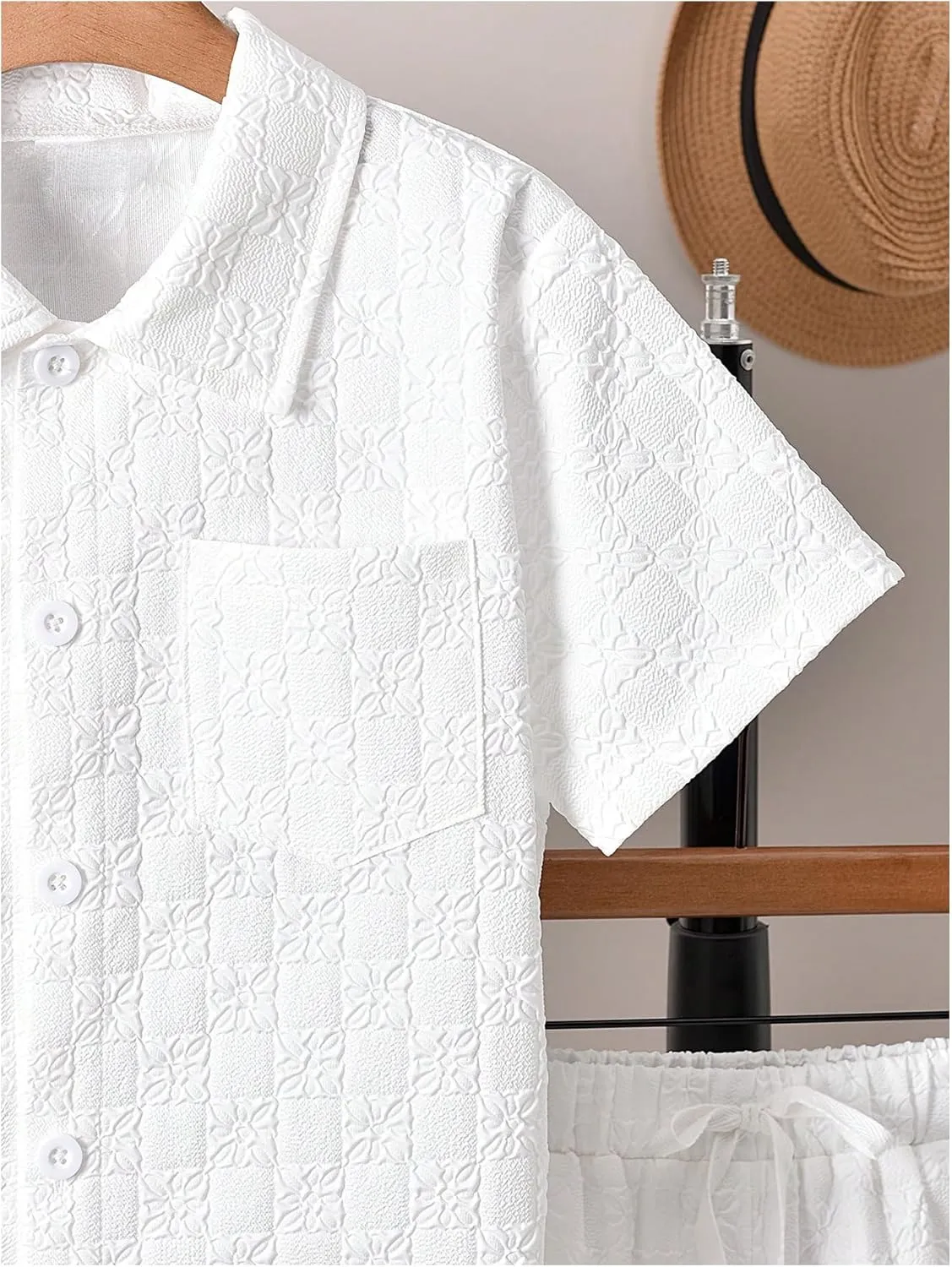 Boy's 2 Piece Beach Vacation Textured Linen Outfit Short Sleeve Button Down Shirt Top and Shorts Summer Set