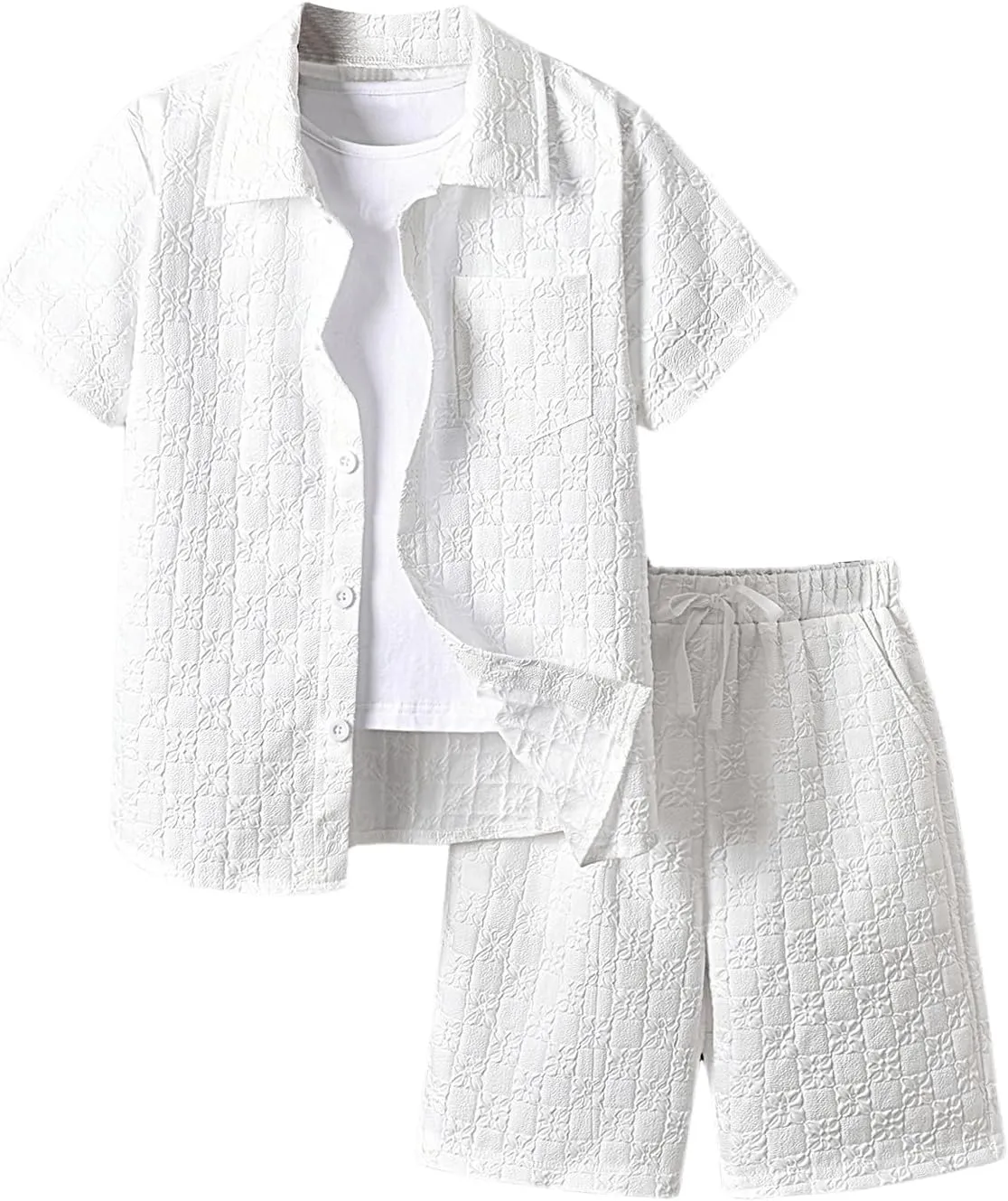 Boy's 2 Piece Beach Vacation Textured Linen Outfit Short Sleeve Button Down Shirt Top and Shorts Summer Set