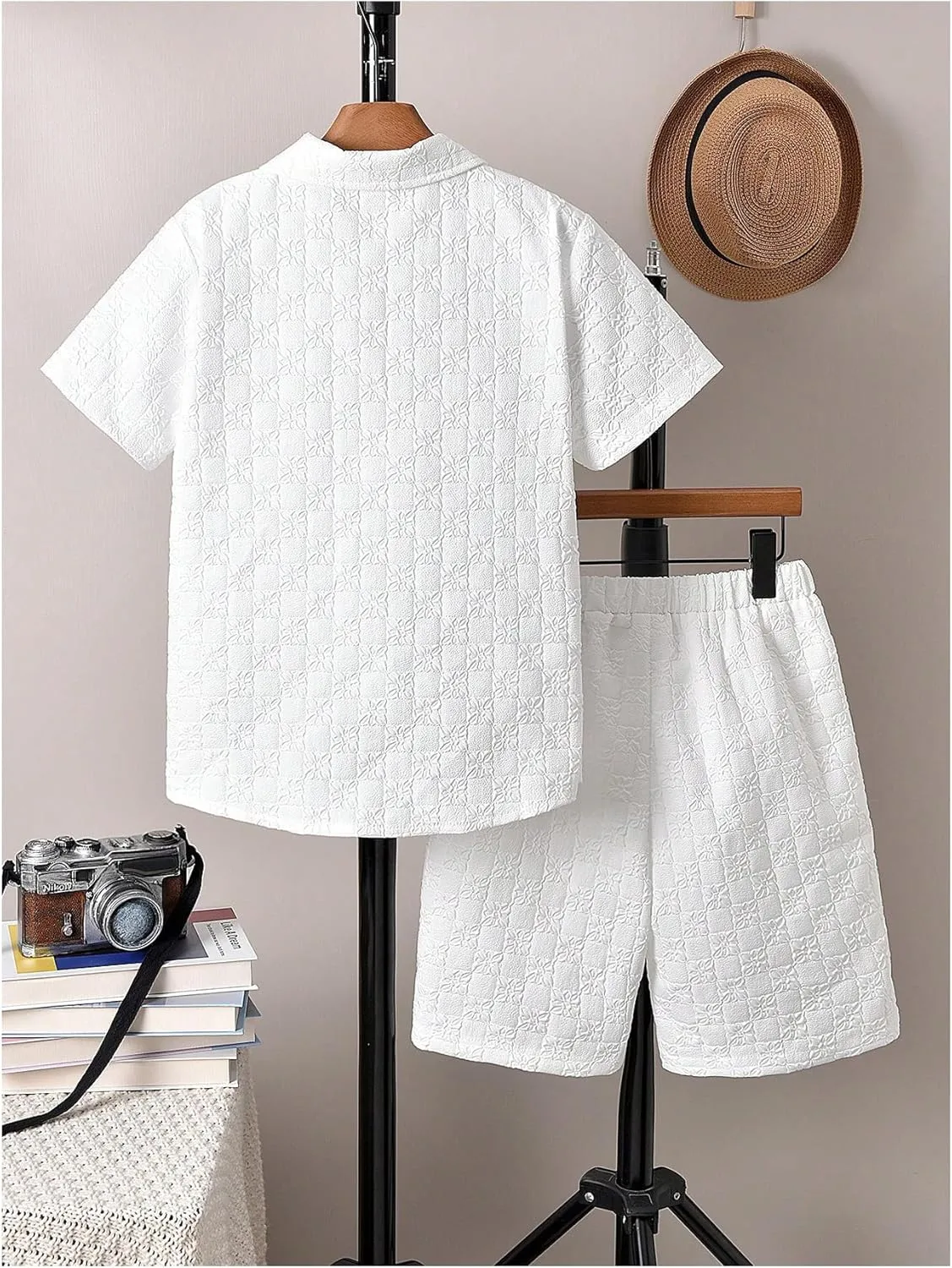 Boy's 2 Piece Beach Vacation Textured Linen Outfit Short Sleeve Button Down Shirt Top and Shorts Summer Set