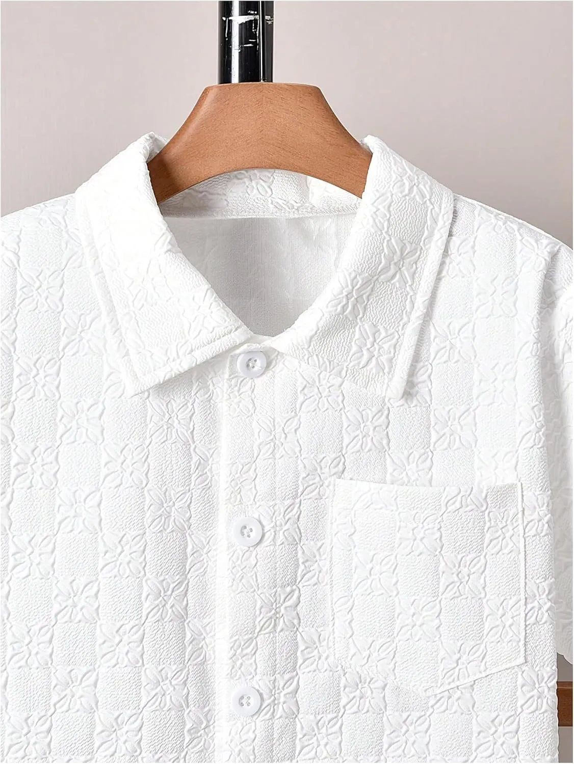Boy's 2 Piece Beach Vacation Textured Linen Outfit Short Sleeve Button Down Shirt Top and Shorts Summer Set