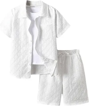 Boy's 2 Piece Beach Vacation Textured Linen Outfit Short Sleeve Button Down Shirt Top and Shorts Summer Set
