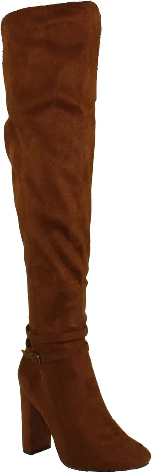 Breckelle's Women's Lisa-13 Faux Suede Over The Knee Snug Fit Chunky Block High Heel Dress Boots (10, Tan)