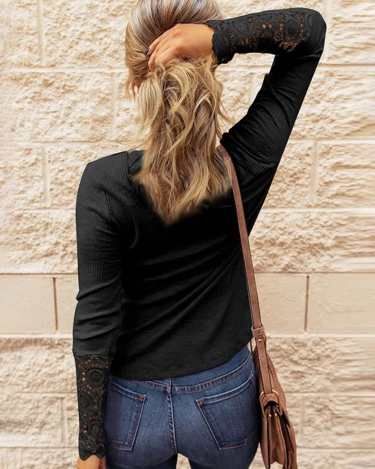 BTFBM Women Long Sleeve Shirts Solid Button V Neck Lace Sleeves Slim Fit Casual Fall Shirts 2025
