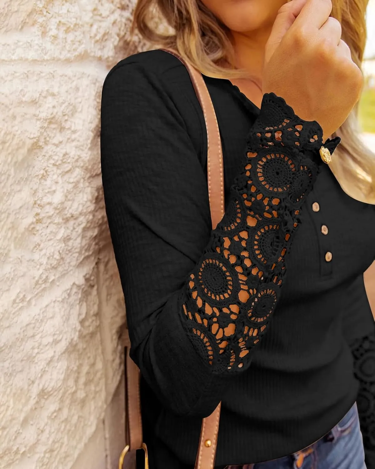 BTFBM Women Long Sleeve Shirts Solid Button V Neck Lace Sleeves Slim Fit Casual Fall Shirts 2025