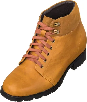 CALTO Men's Invisible Height Increasing Elevator Shoes - Brown Leather Round-Toe Lace-up Ankle Boots - 3.3 Inches Taller - K9361 - Size 9 D(M) US