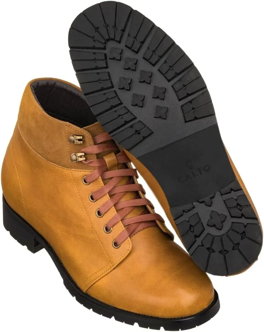 CALTO Men's Invisible Height Increasing Elevator Shoes - Brown Leather Round-Toe Lace-up Ankle Boots - 3.3 Inches Taller - K9361 - Size 9 D(M) US