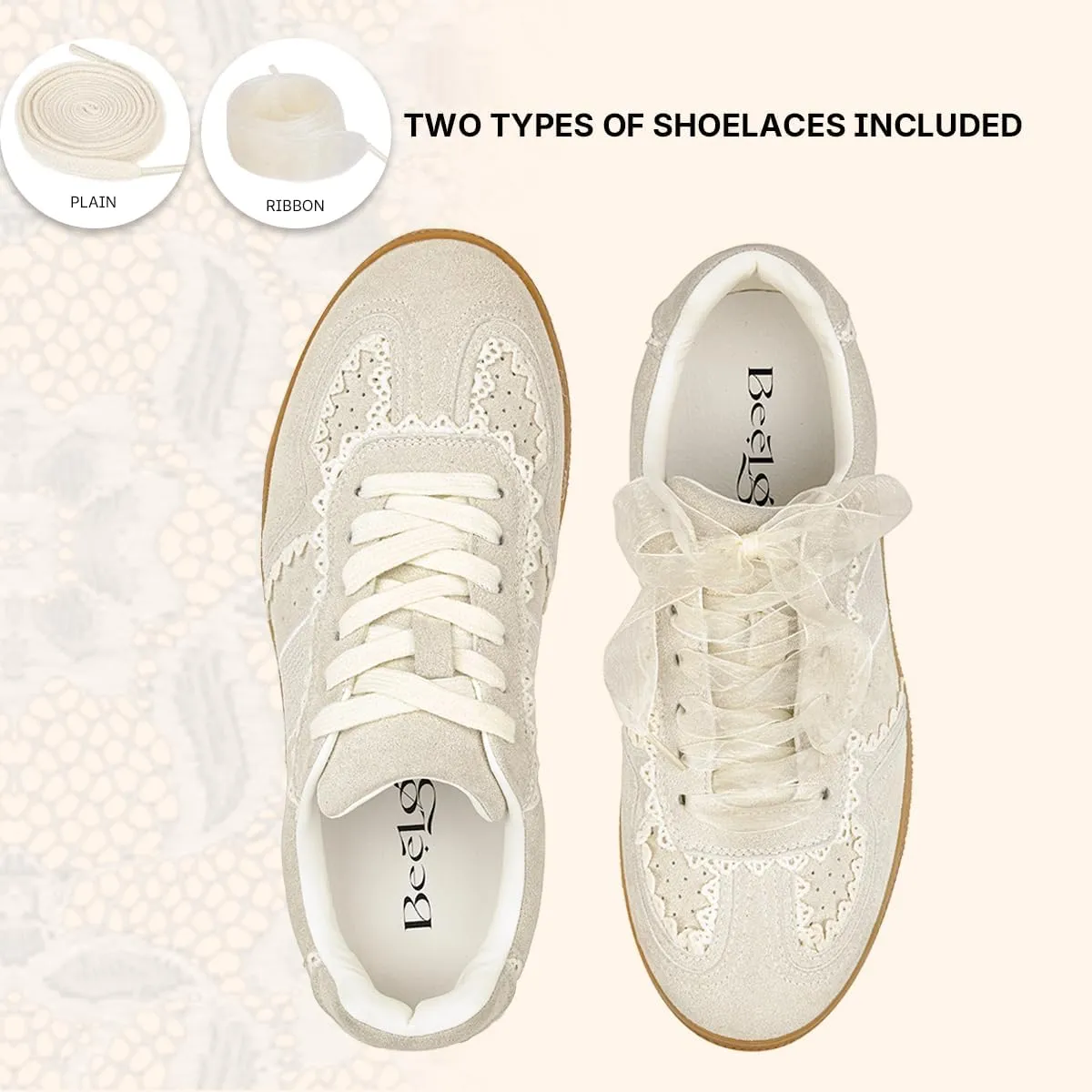 Casual Sneakers for Women Lace Detail – Elegant Ribbon Lace-Up Womens Sneakers with Leather Upper Memory Foam Insole and Slip On Casual Shoes for Women
