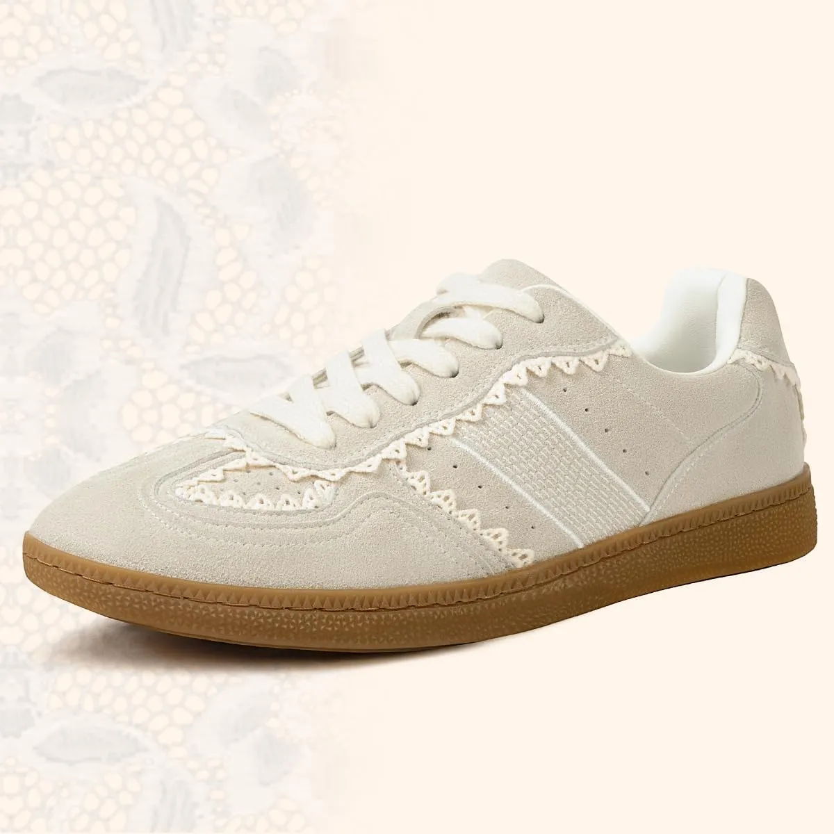 Casual Sneakers for Women Lace Detail – Elegant Ribbon Lace-Up Womens Sneakers with Leather Upper Memory Foam Insole and Slip On Casual Shoes for Women
