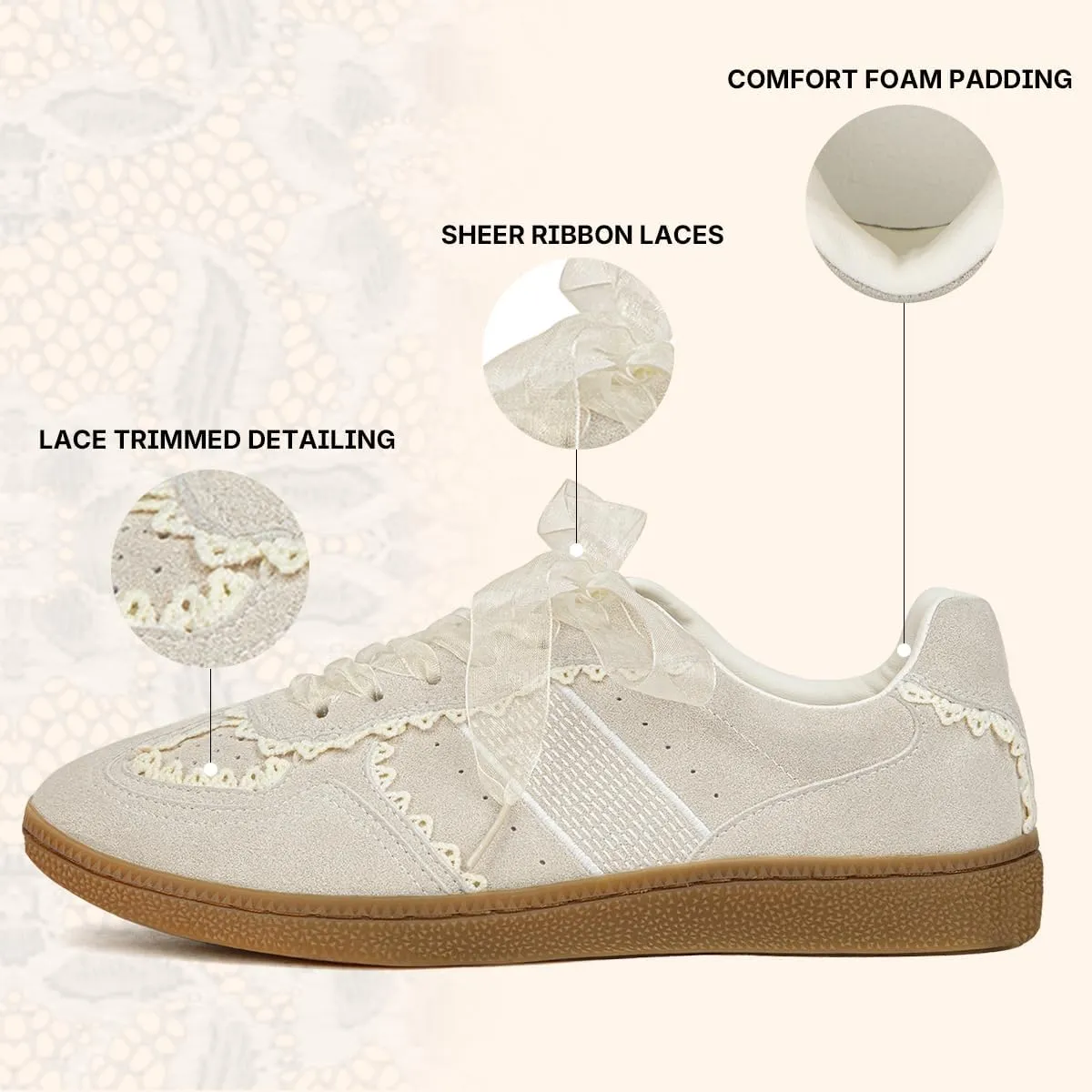Casual Sneakers for Women Lace Detail – Elegant Ribbon Lace-Up Womens Sneakers with Leather Upper Memory Foam Insole and Slip On Casual Shoes for Women